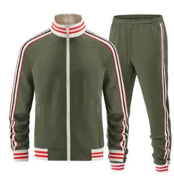 Khaki turtleneck zipper cardigan with matching trousers street style leisure suit