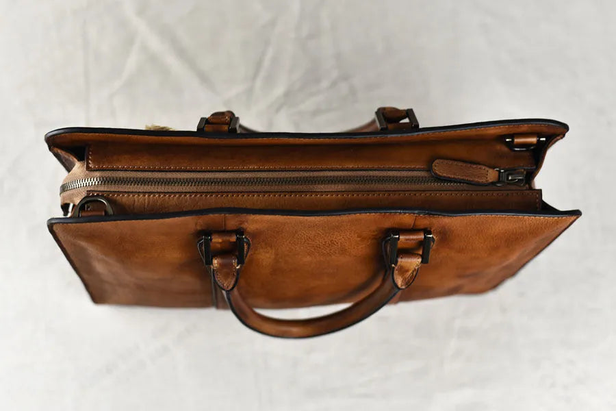 14 inch khaki vegetable tanned leather men's horizontal square handbag with zipper
