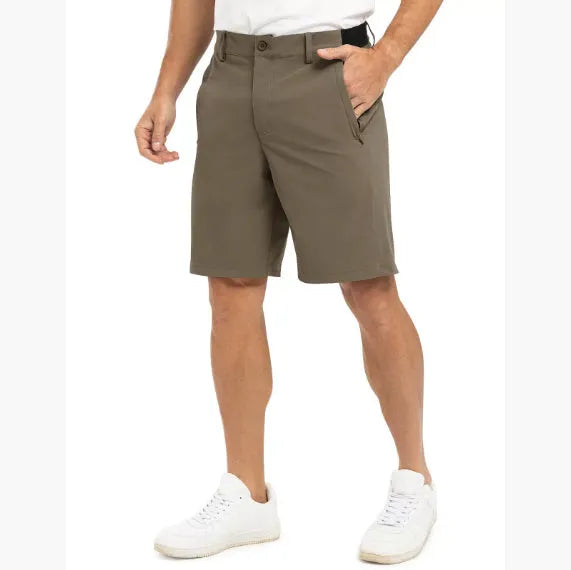Men's casual loose cotton sports golf shorts in khaki colour, shown flat lay