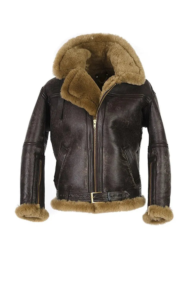 Brown synthetic leather fur coat for men with straight hem and side seam pockets