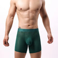 Men's lace mesh boxer shorts in black, white, red, green, or light purple with geometric pattern