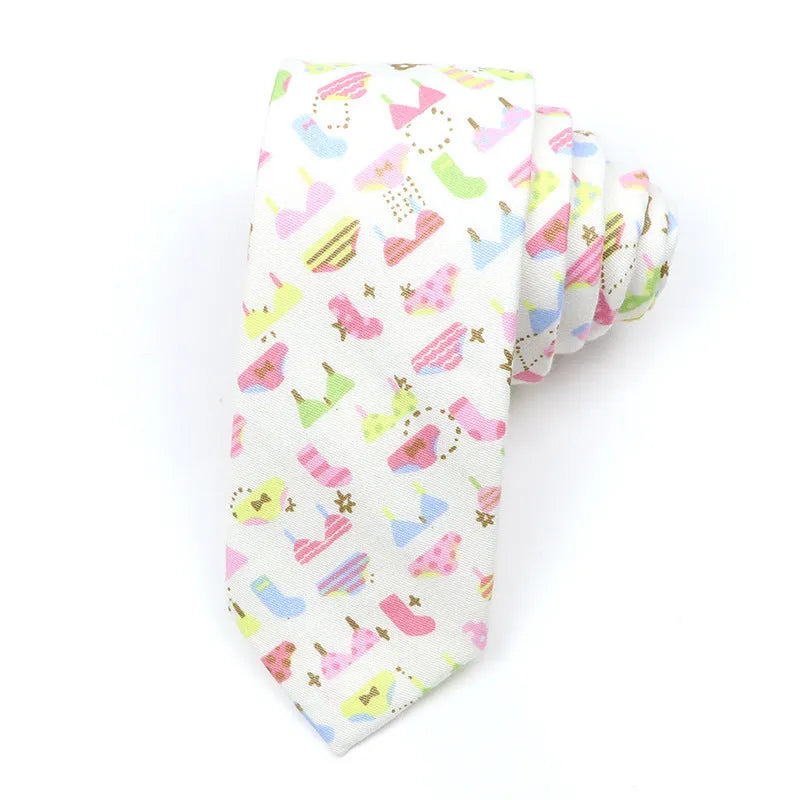 Narrow cotton bow tie with a printed cartoon pattern in a selection of colours.