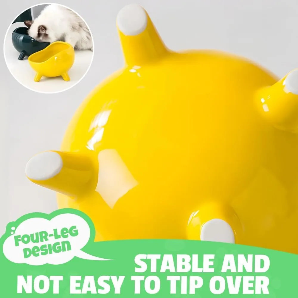 Green four-legged ceramic cat food bowl for indoor pets with wide mouth design