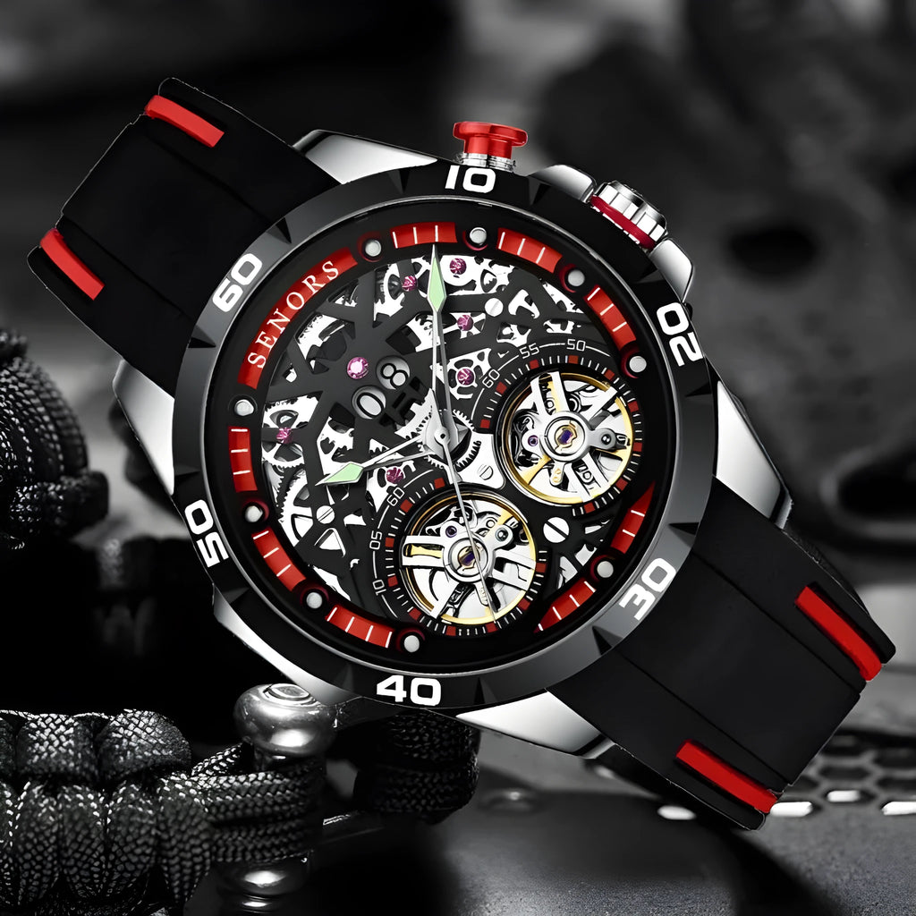 Automatic mechanical men's watch with skeleton dial showing movement, luminous hands, blue colour option