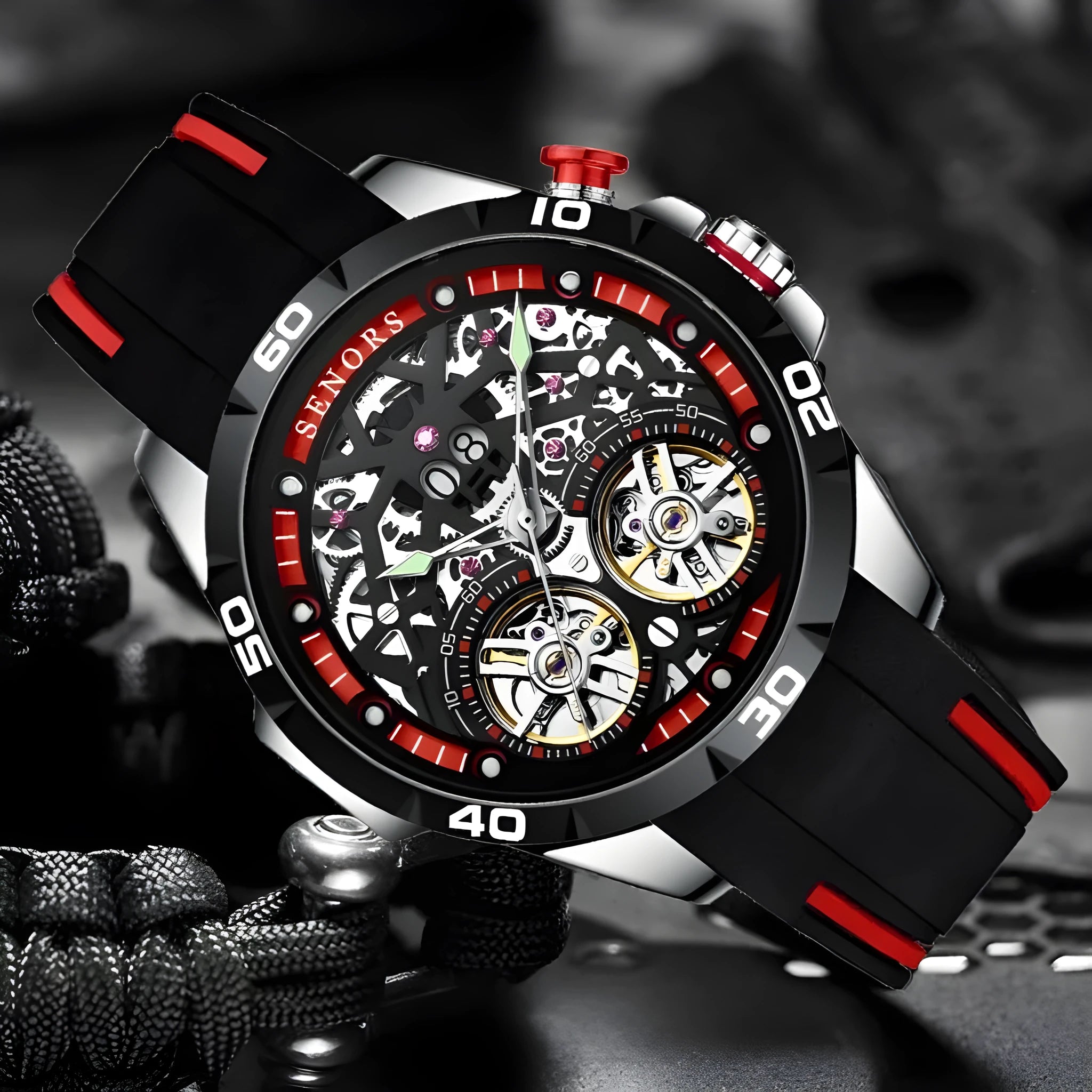 Automatic mechanical men's watch with skeleton dial showing movement, luminous hands, blue colour option