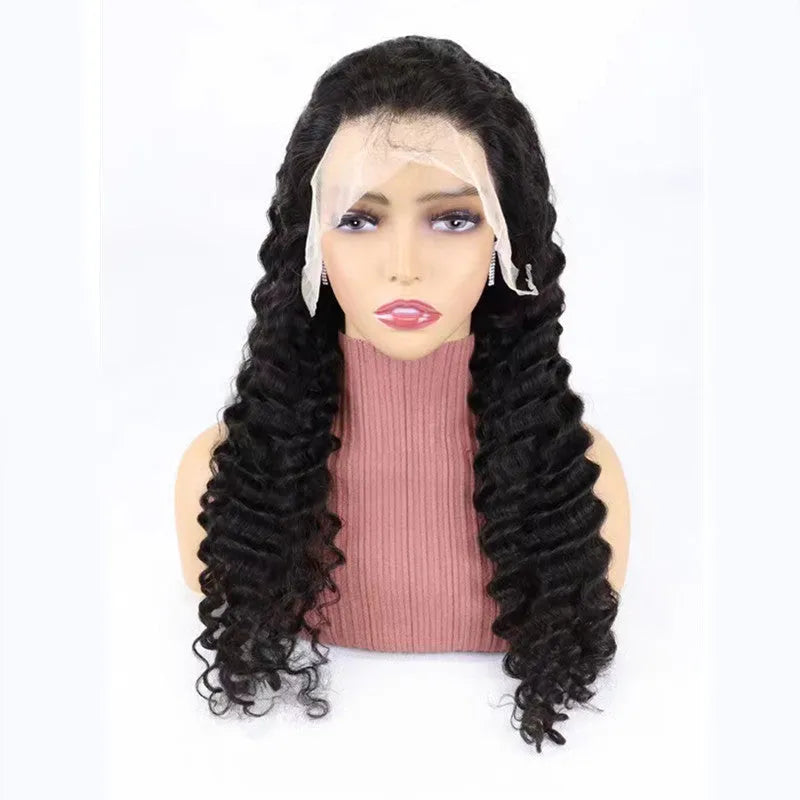 Solid colour half lace front human hair wig on a stand, showing a natural hairline.