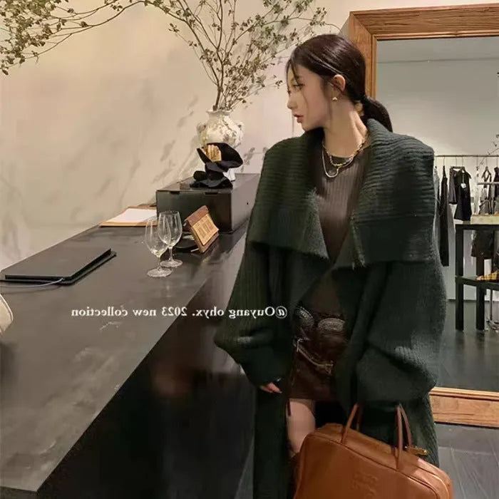 Chenille large lapel long cardigan jacket for women, autumn winter, average size, colour camel
