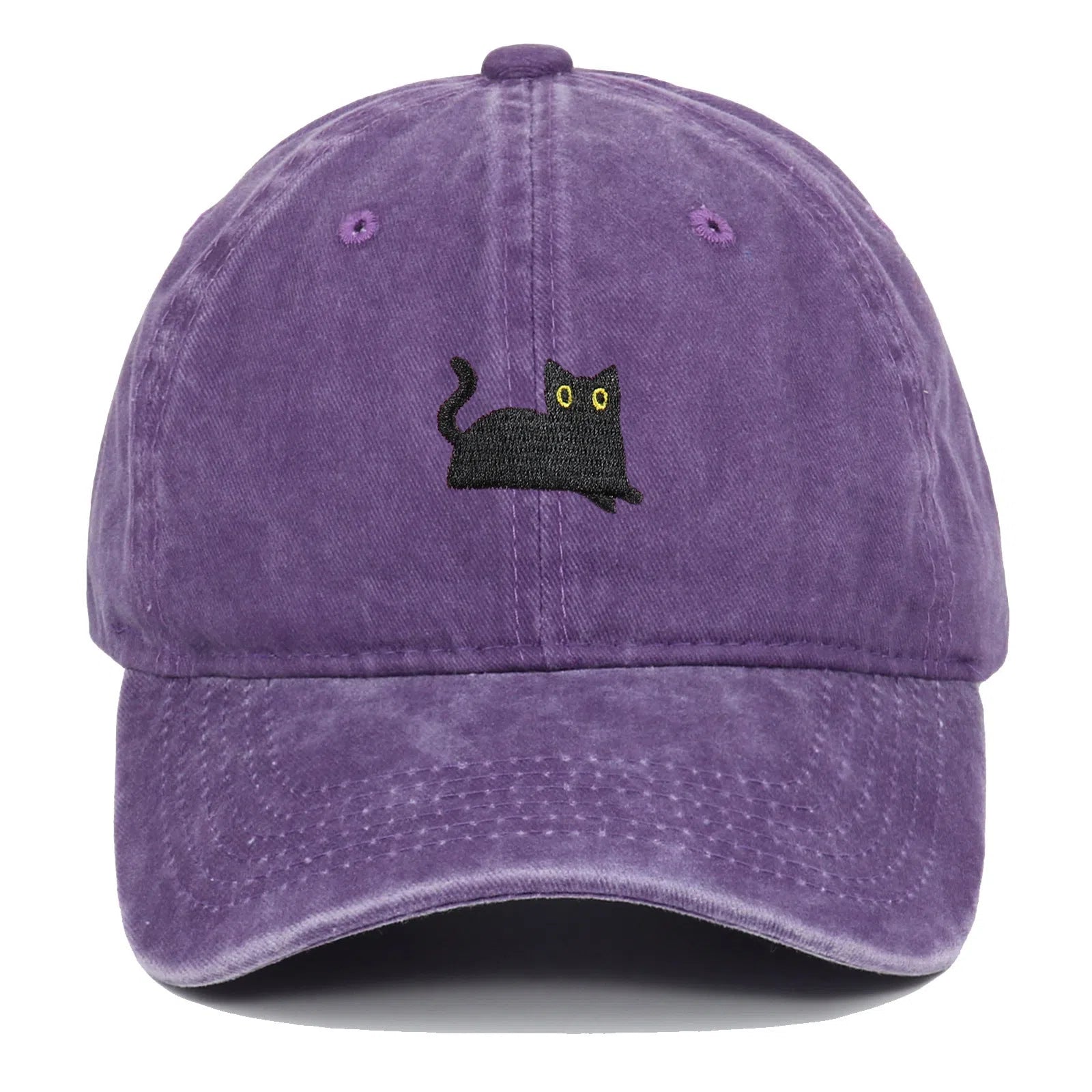 Black cat embroidered washed baseball cap in black, cotton fabric, adjustable size, dome crown style