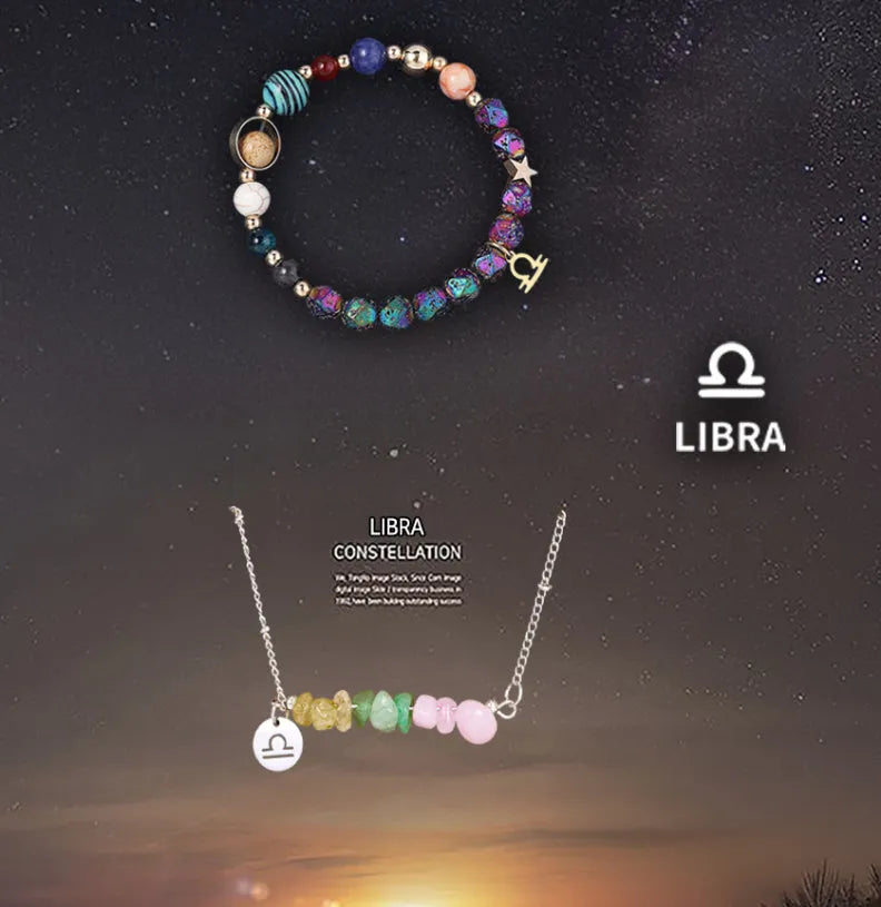 Natural stone necklace and bracelet set on display showing zodiac sign style options