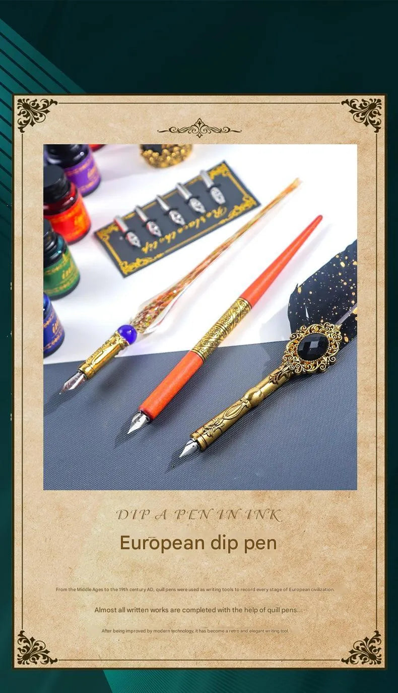 European British vintage grey mechanical feather dip pen set for calligraphy practice on a white background