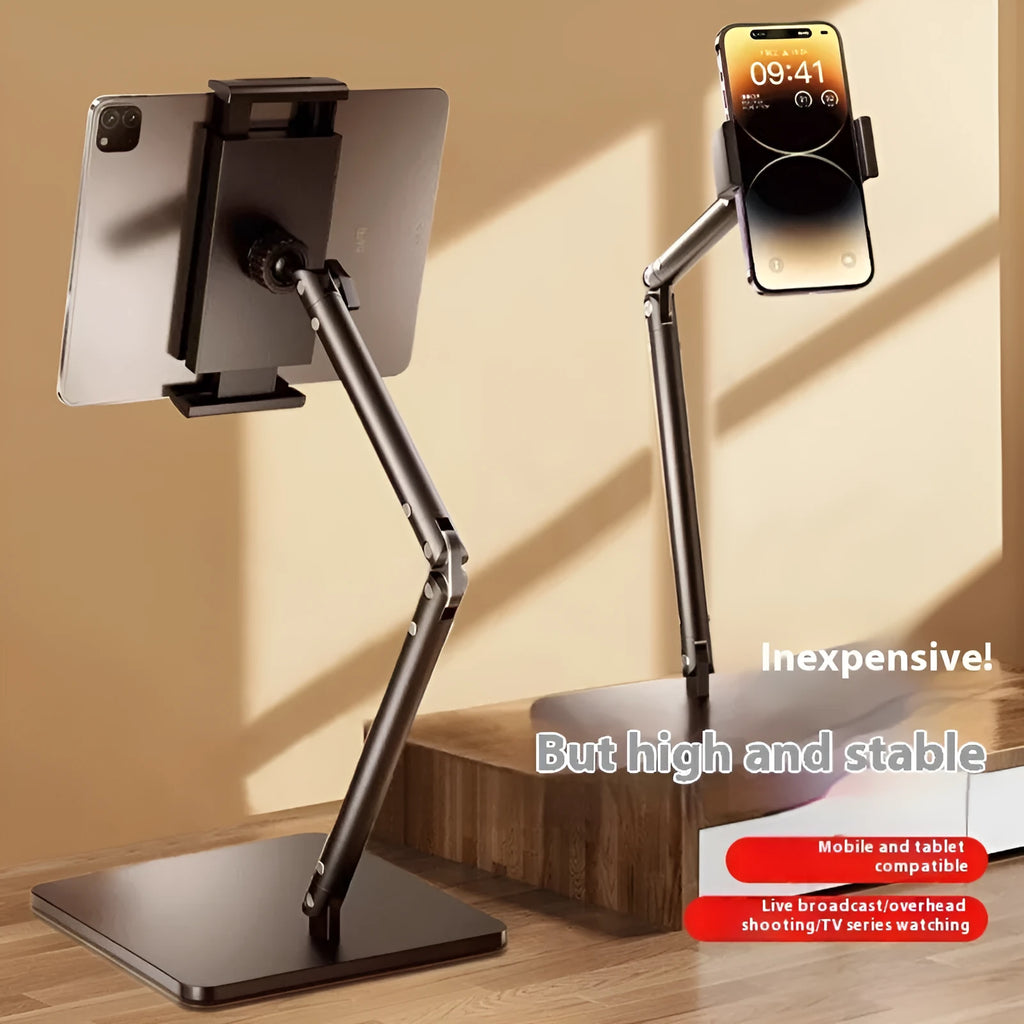 Alloy desktop bracket holding a mobile phone with adjustable arms for live streaming and shooting