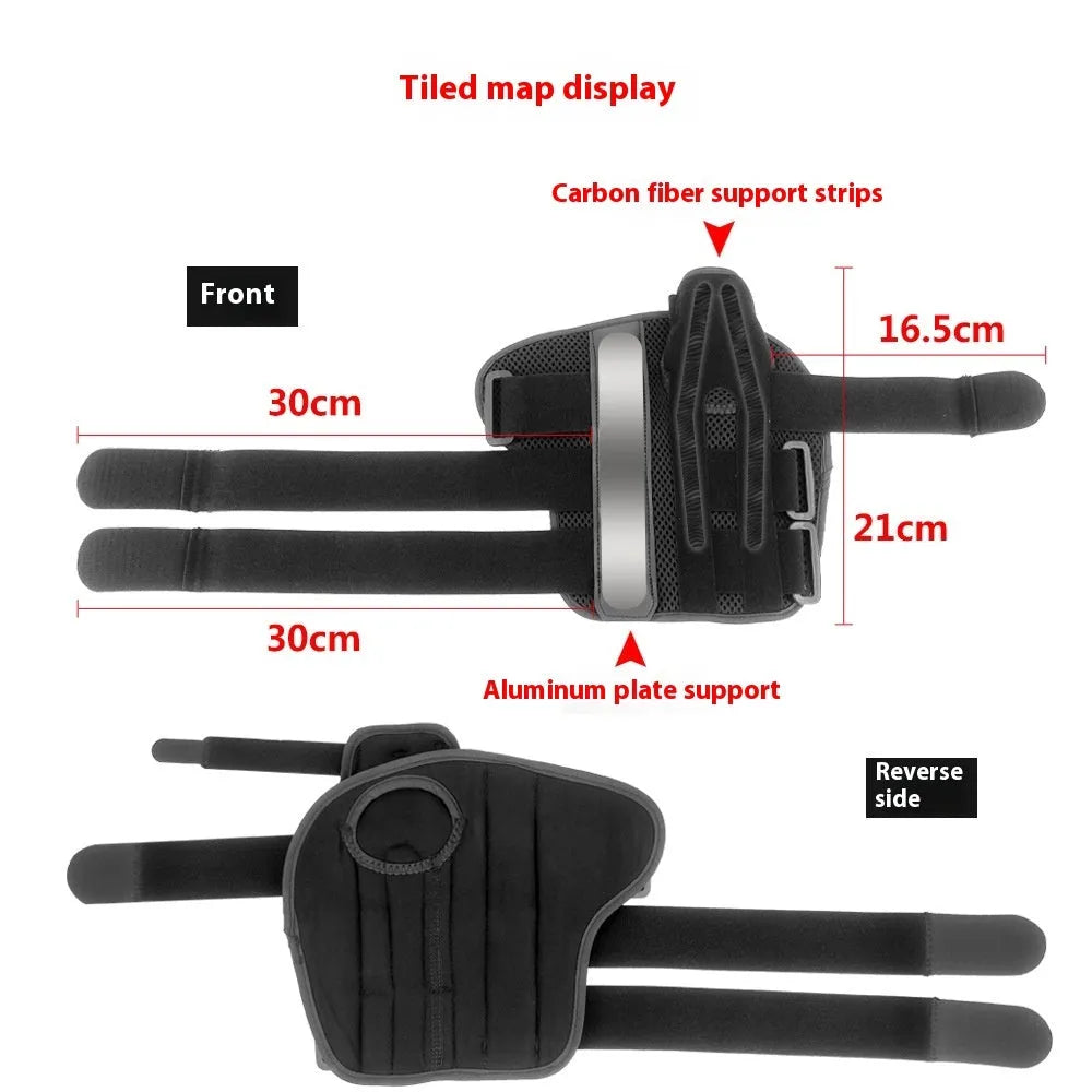 Black carbon fibre sports wrist guard with thumb strap for left or right hand support