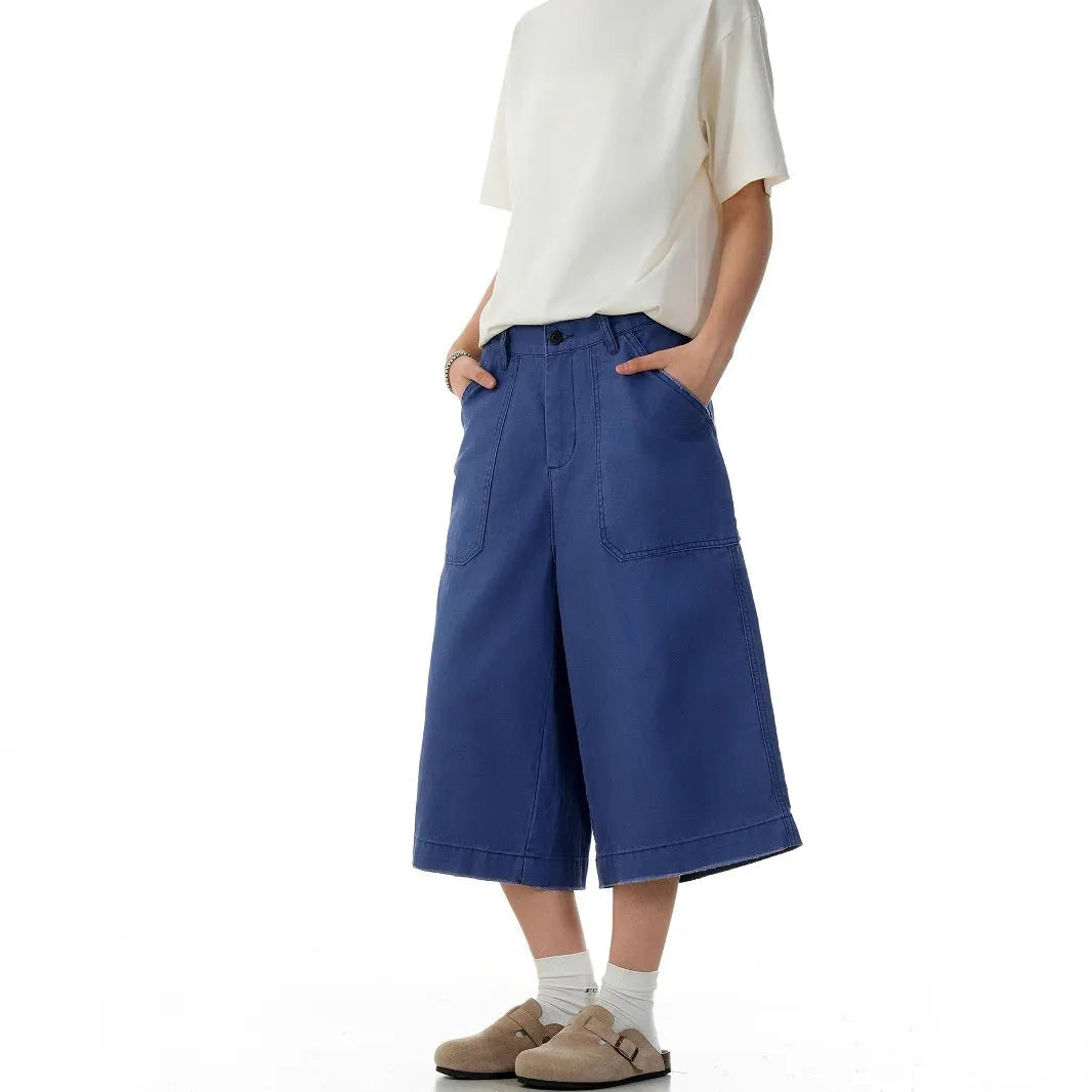 Men's French Blue cotton straight fit shorts with zipper fly on a plain background