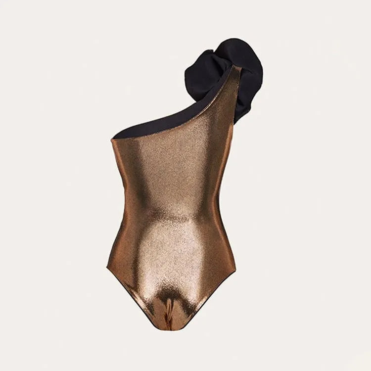 Gold coloured handmade one-piece swimsuit with a halter neckline and hollow-out design.