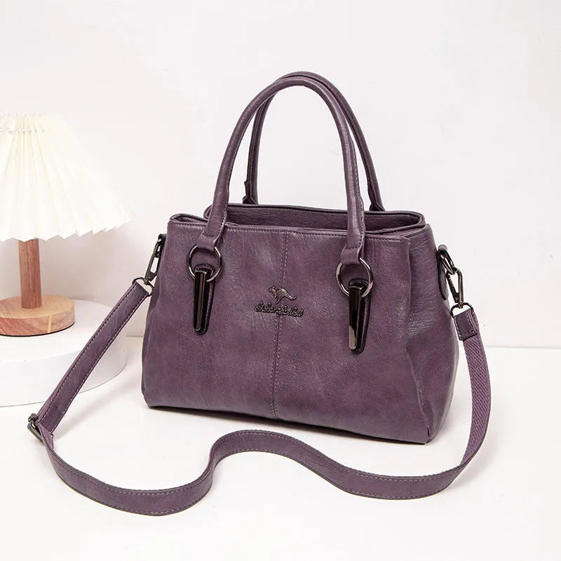 Women's large capacity crossbody soft leather bag in PU material, horizontal square shape, with sandwich zipper pocket, available in multiple colours