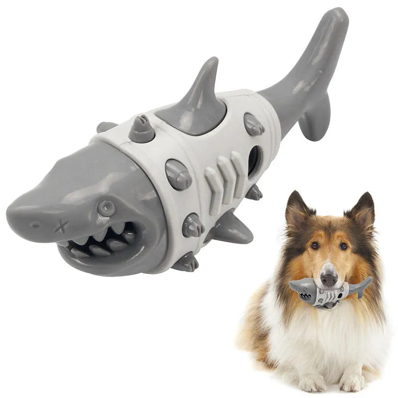 Blue grey and yellow shark tooth textured dog chew toy with visible air vents.