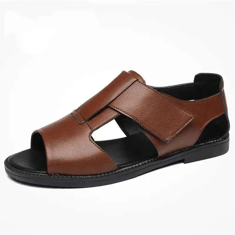 Men's black leather casual sandals with open toe and rubber sole on a white background