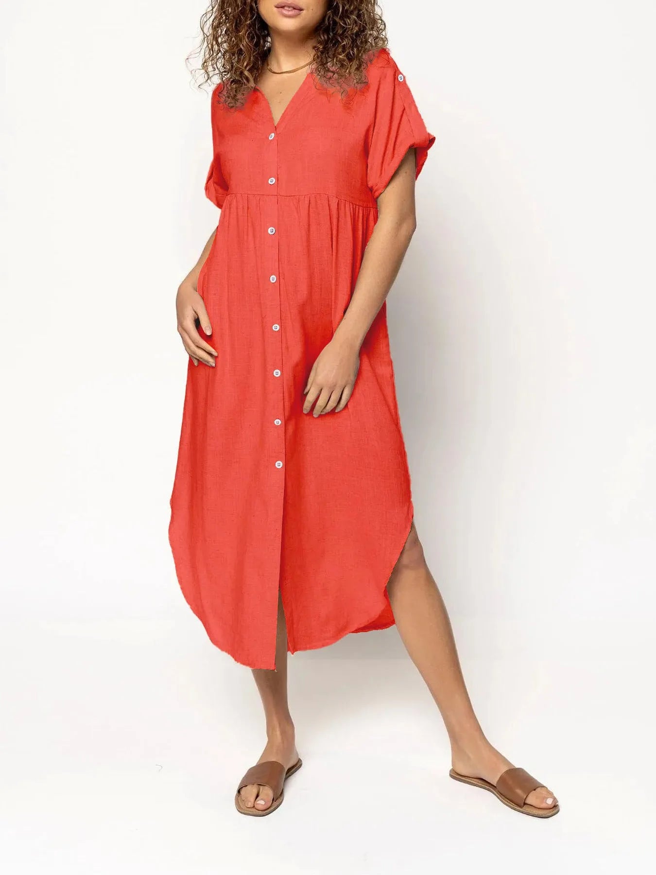 Button-front mid-length casual dress in solid colours with regular sleeves and polyester fabric