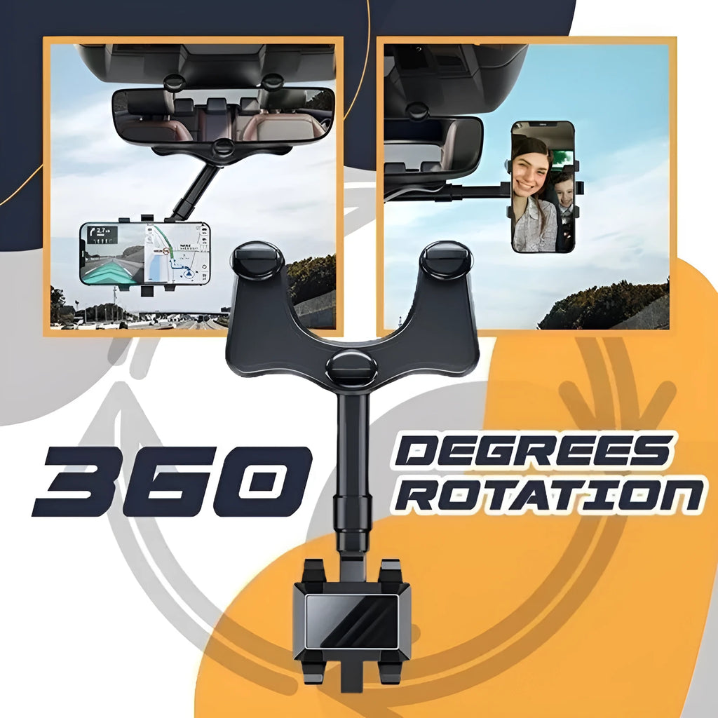 Black rearview mirror phone holder showing 360-degree rotation and telescopic arm extension