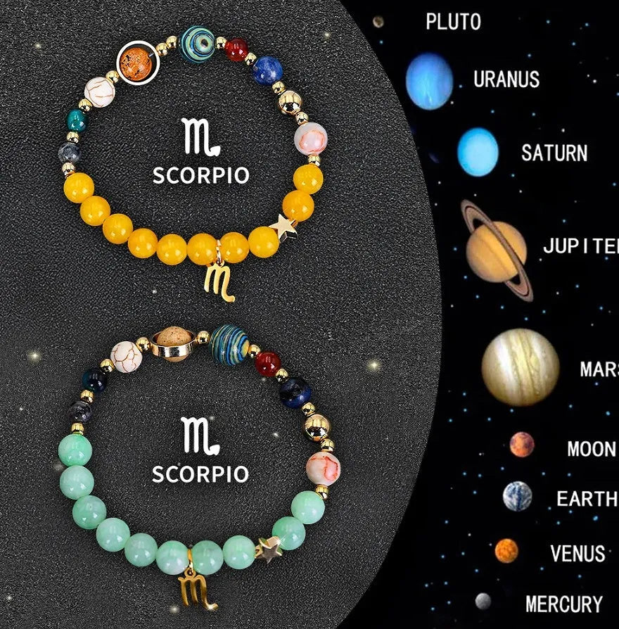 Two natural stone beaded bracelets with Chinese zodiac animal charms on an adjustable cord.