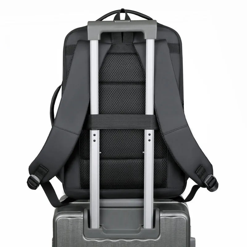 Men's black waterproof Oxford cloth backpack with curved shoulder straps showing business design