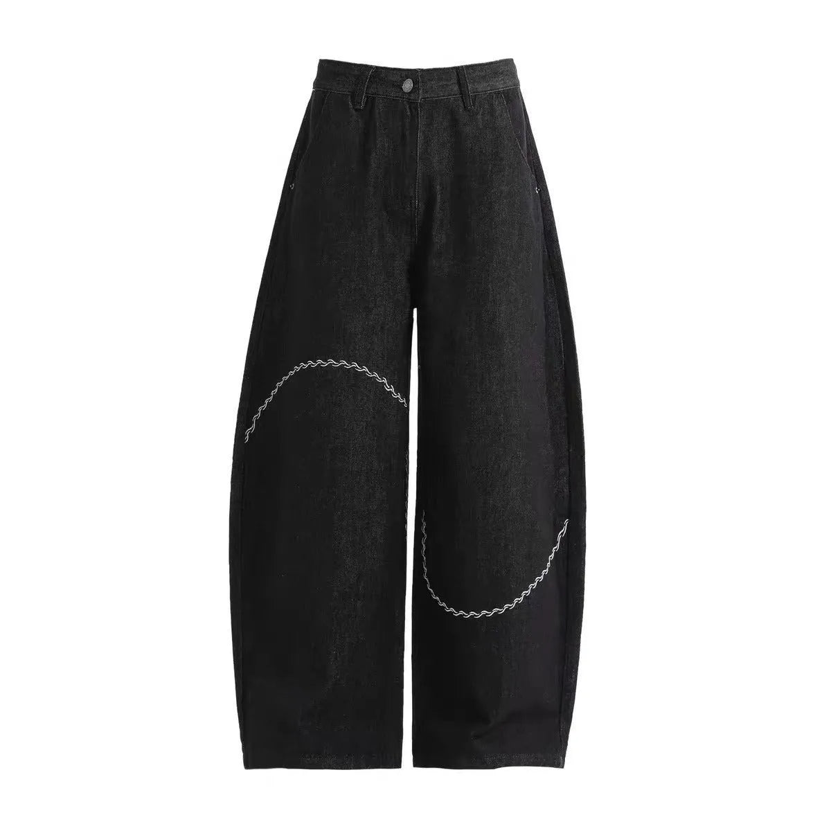 Black straight-leg denim trousers with a mid-waist and zip fly, laid flat.