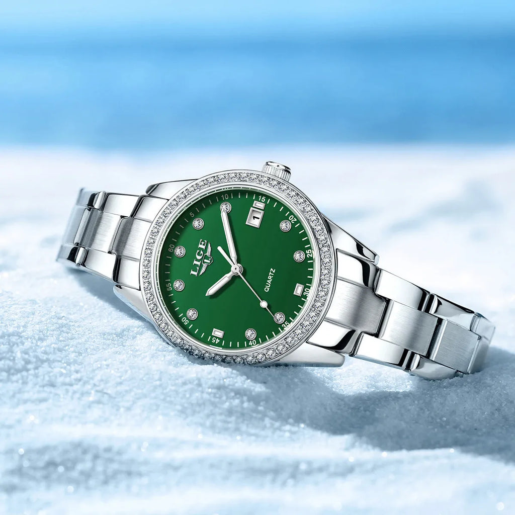Fashion Girl quartz watch with diamond-encrusted bezel, silver stainless steel bracelet, round 34mm dial with luminous hands