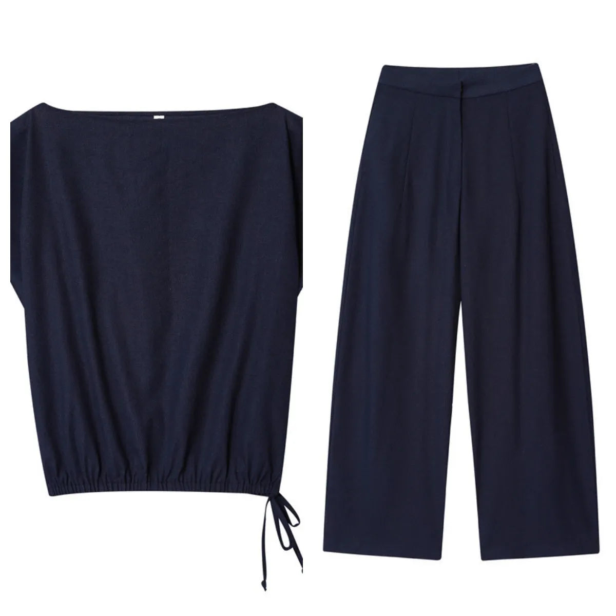 Women's linen blend long sleeve shirt with flounce detail and matching wide leg trousers set on a hanger.