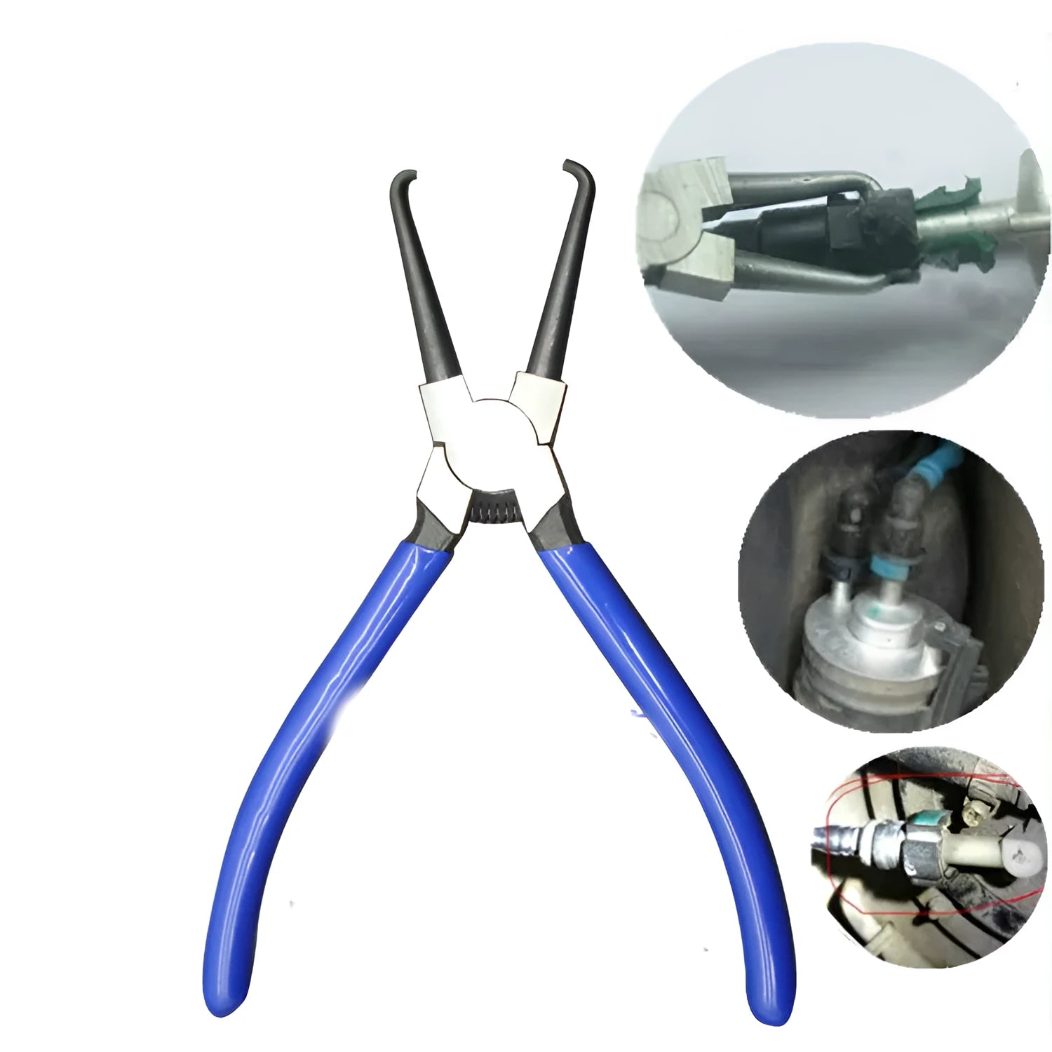 Iron caliper tubing pliers with rubber-coated handles and specialised jaws for fuel line connectors.