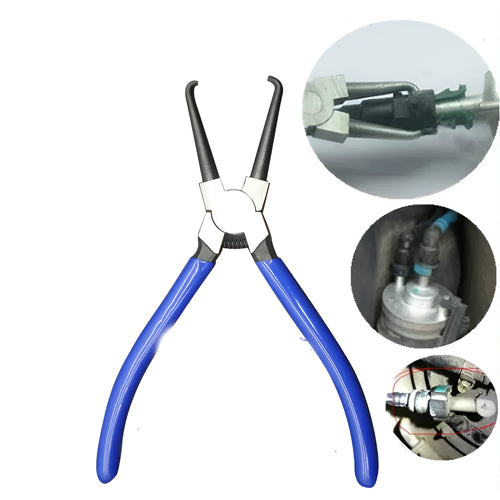 Iron caliper tubing pliers with rubber-coated handles and specialised jaws for fuel line connectors.