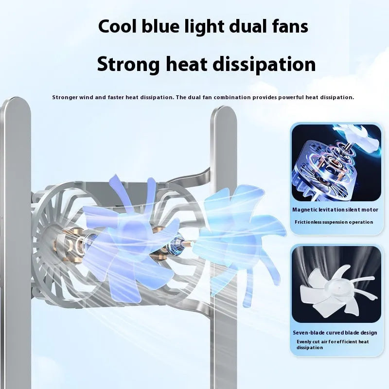 Silver aluminium laptop cooling stand with twin fans and adjustable height mechanism, folded beside notebook computer