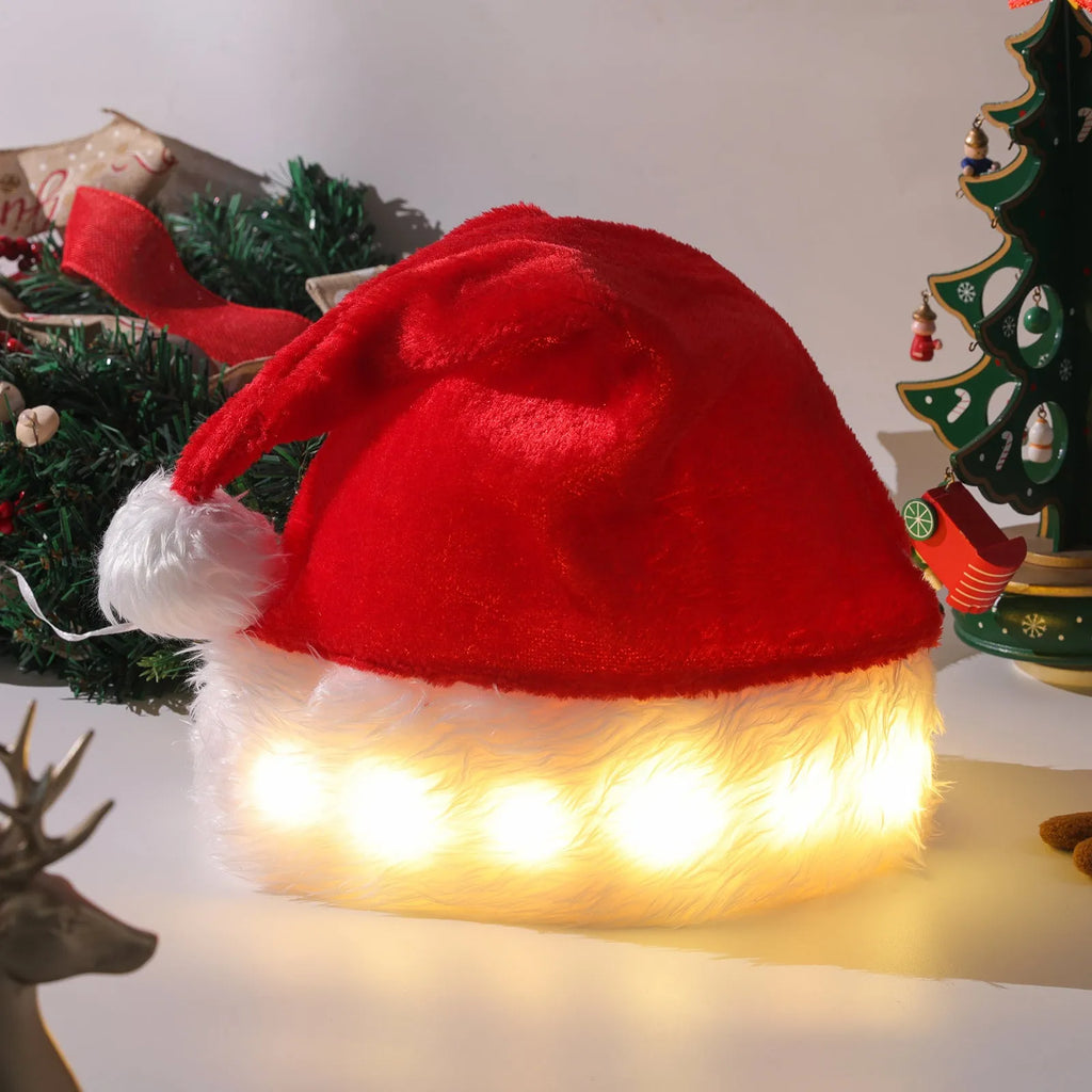 Red and white LED light up Santa hat with multicolour lights and pom-pom