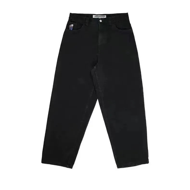 Men's straight-leg denim trousers with retro printed patterns in dark blue, shown in size L