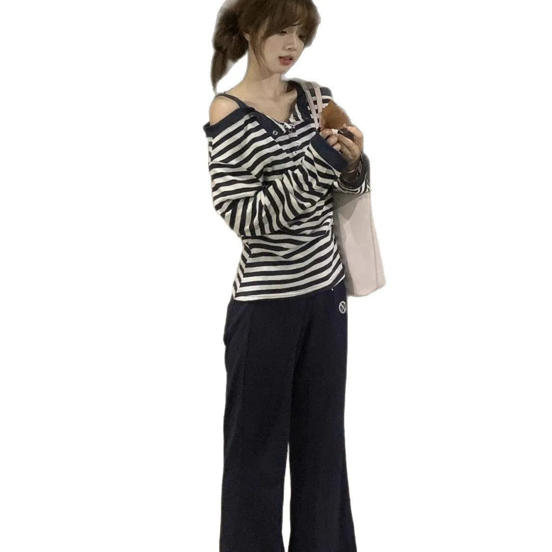 Dark blue oversized women's long sleeve t-shirt with embroidery and a striped pattern, Korean style.