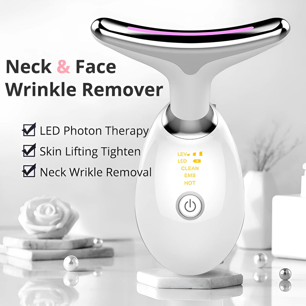 EMS thermal microcurrent neck lifting massager device with LED lights on a white background.