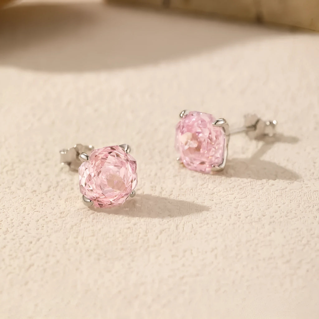 S925 silver rose stud earrings for women in 6mm or 8mm pink floral design