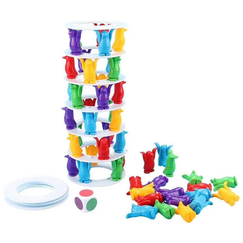 Penguin tower collapse desktop balance game for kids ages 4-6, plastic construction