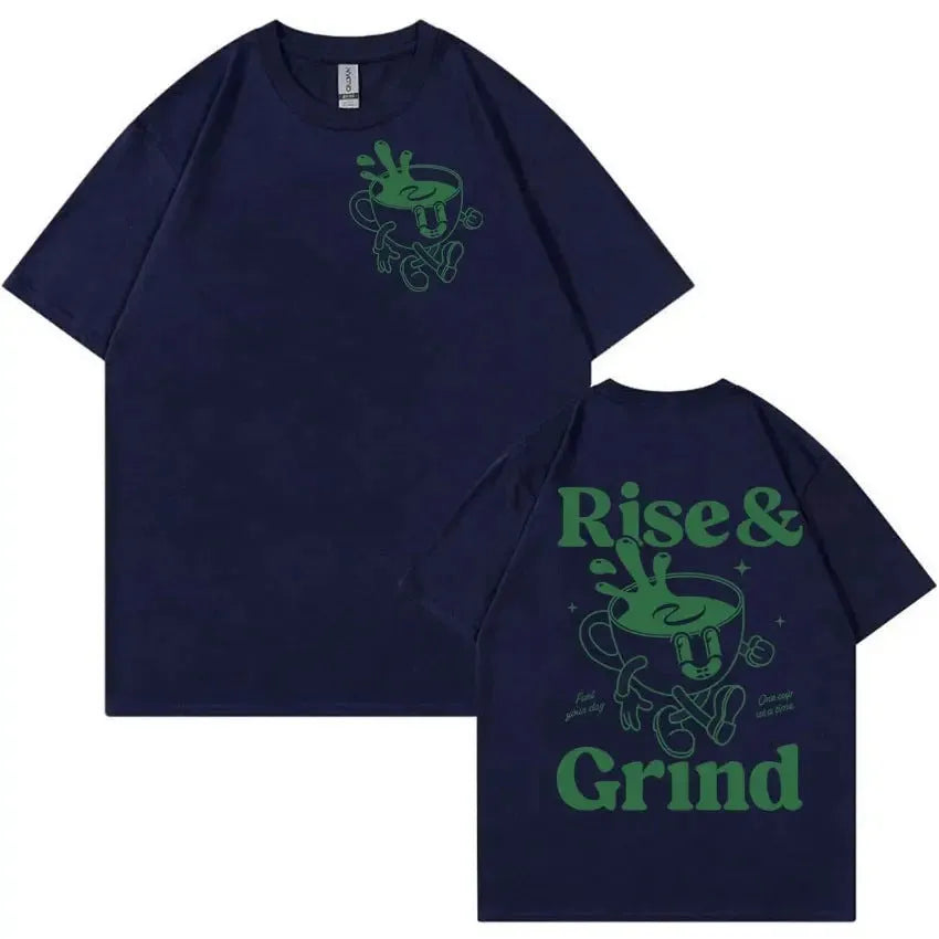 Man wearing a loose black T-shirt with a colourful Rise and Grind coffee cartoon and expression bag graphic.