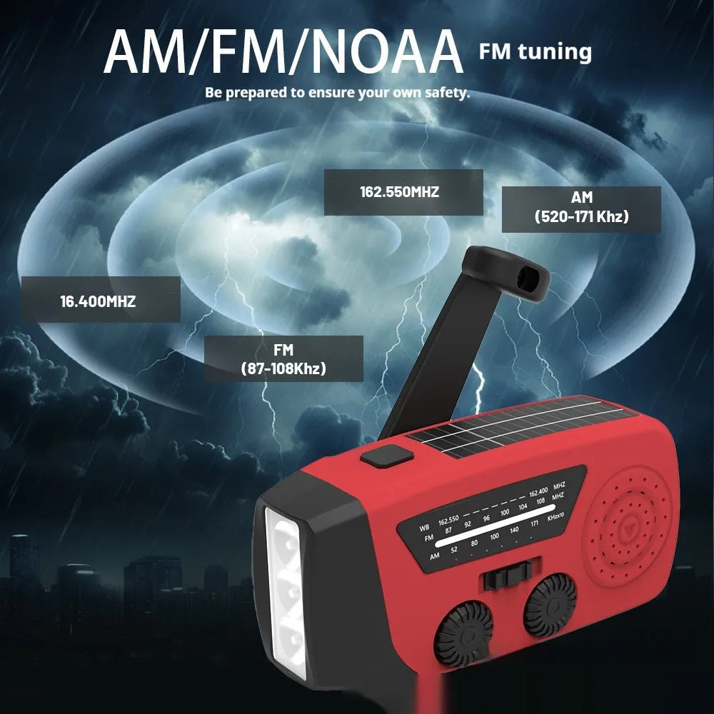 Red rechargeable hand torch with AM/FM radio, wrist strap, and USB charging interface