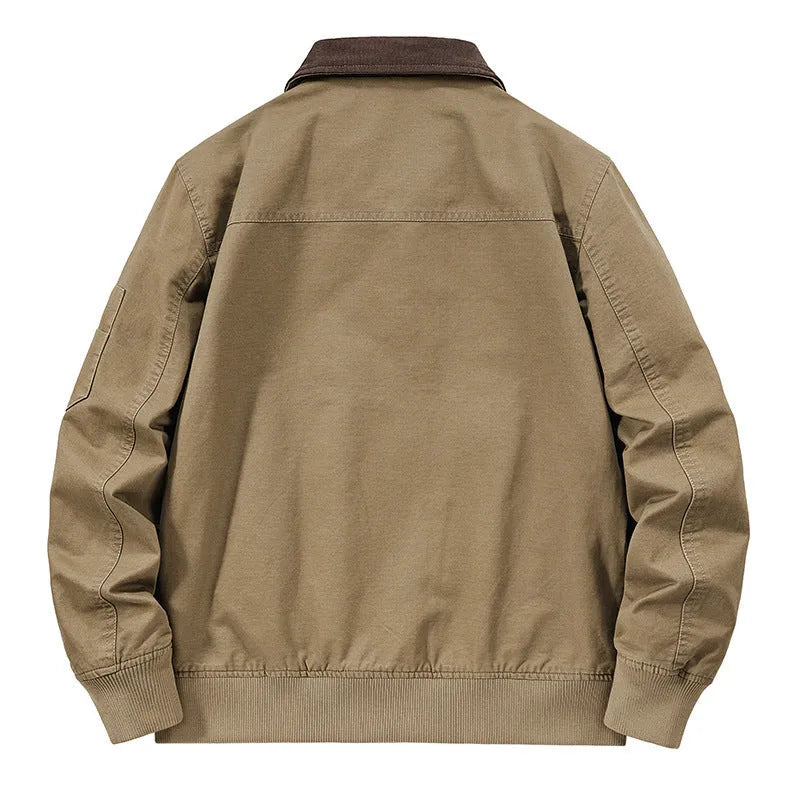 Men's plus size washed cotton baseball jacket shown in Camel colour on a hanger.