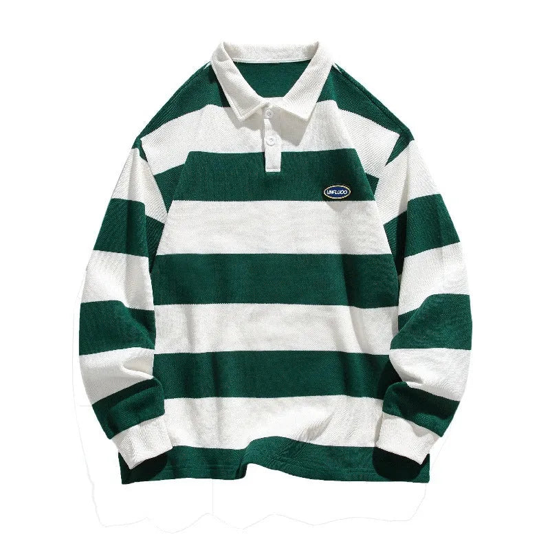 A loose-fit, long-sleeve striped polo shirt with a lapel collar, shown in three colour options.