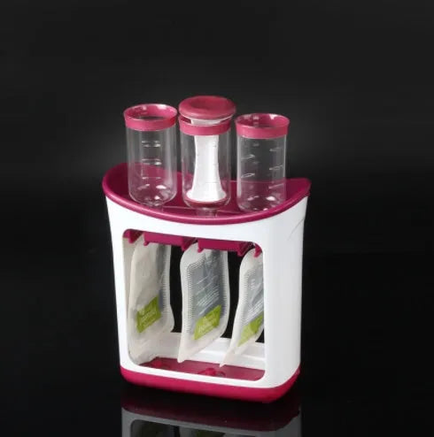 Baby food Squeeze Station machine with 4oz pouches and spoons on a table