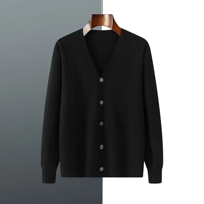 Men's loose-fit Andy velvet cardigan coat in dark blue with V-neck and long sleeves.
