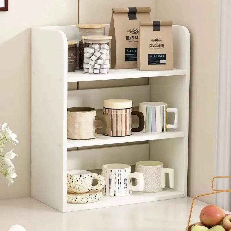 Desktop layered storage shelf with PVC expansion sheet construction, two-layer rounded design, on a wooden table