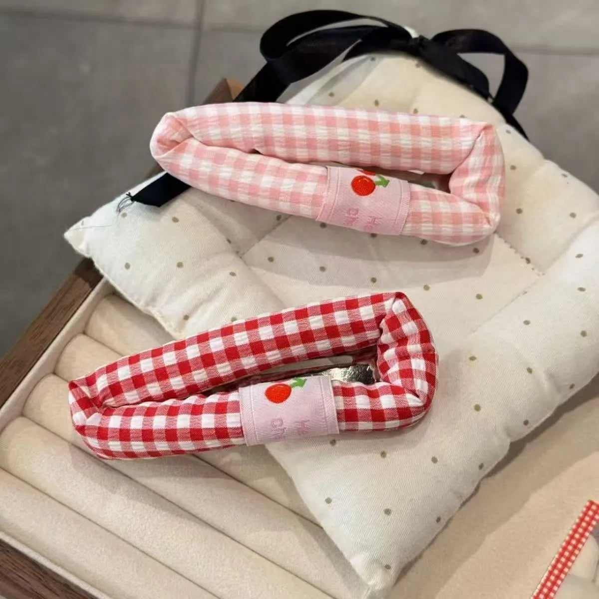 Cute plaid cherry barrette for girls in blue checkered pattern handmade cloth hair clip