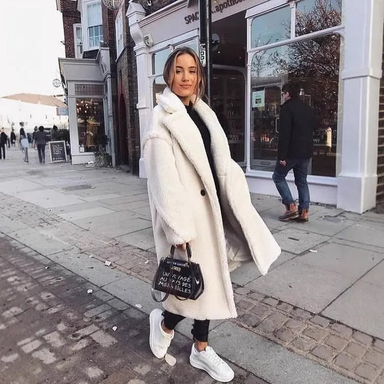 Women's double-sided lapel polyester coat in solid colour, long sleeves, medium length 65cm, loose fit, with two front pockets