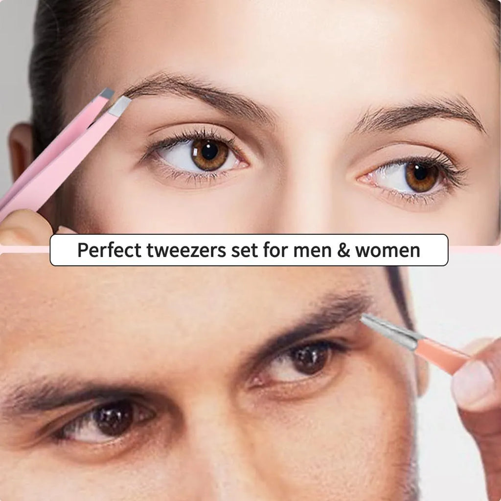 Professional six-piece stainless steel eyebrow tweezers set with curved scissors and leather case.