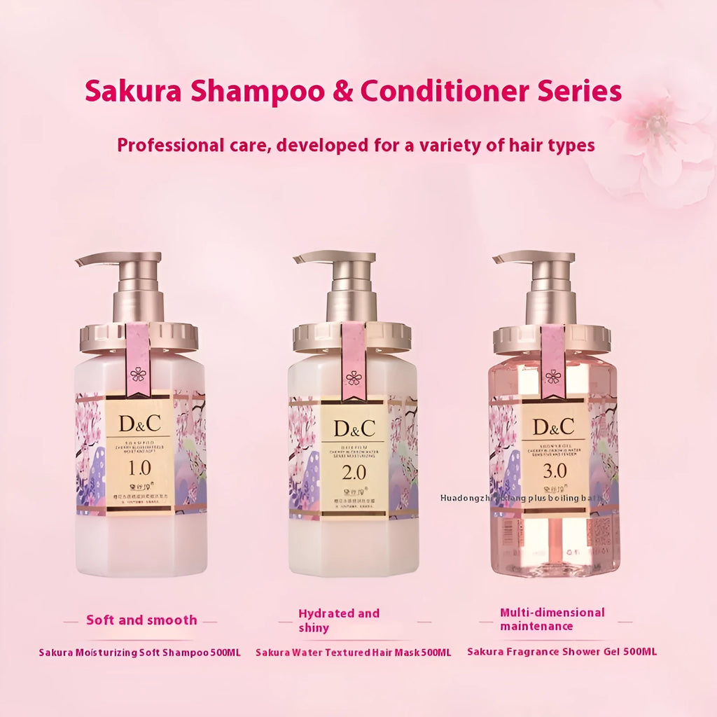 Sakura shampoo, conditioner, and shower gel set in 500ml bottle for deep cleaning and frizz control.