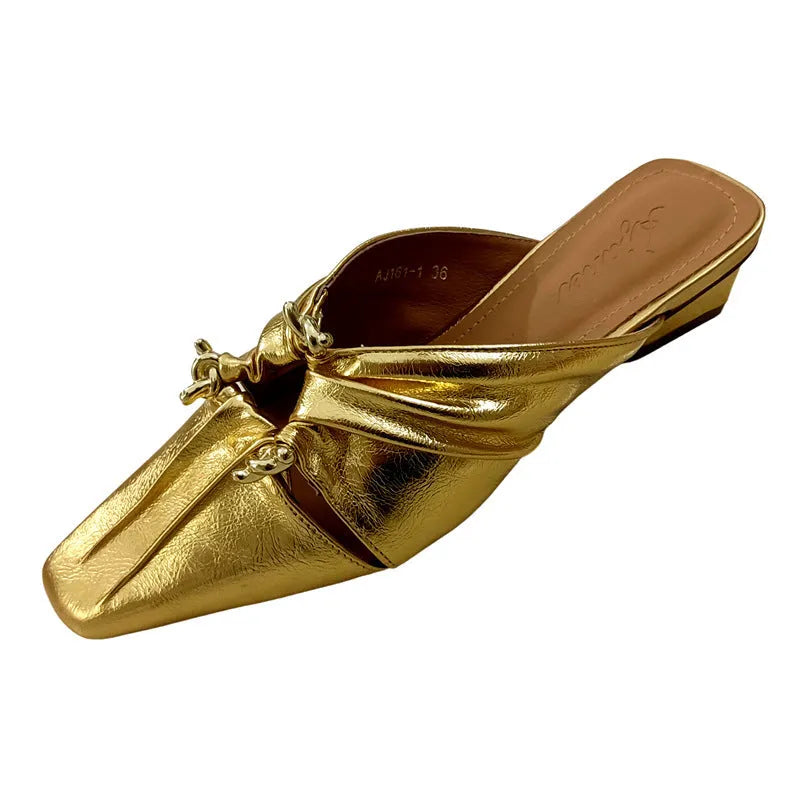 Women's genuine leather half toe cap slippers in silver with square toe and low heel