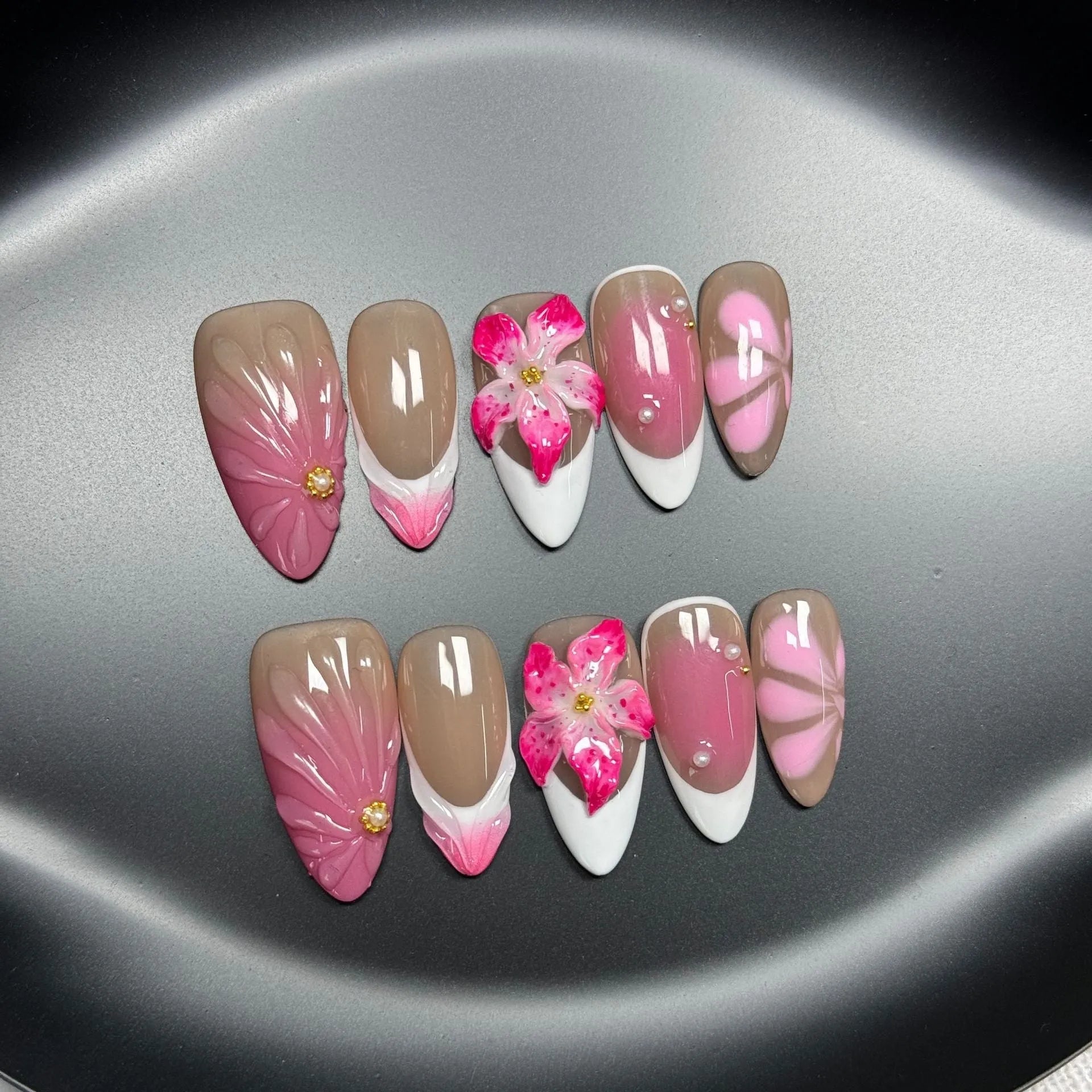 French style three-dimensional lily fluid ice flower nail art stickers in almond shaped plastic armour